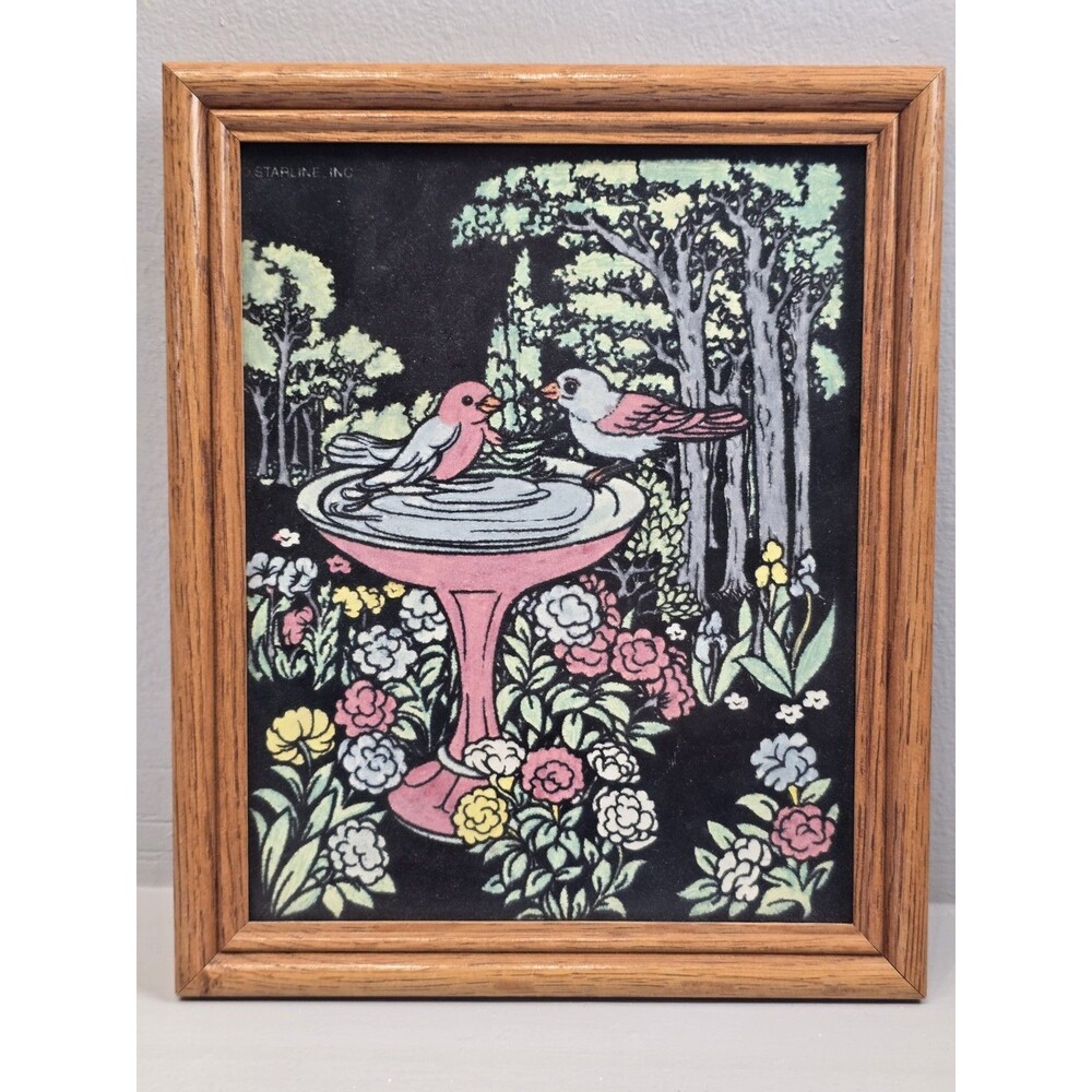 90's Fuzzy Velvet Art 8x10 Wooden Picture Frame Easel Back Birds Garden Birdbath